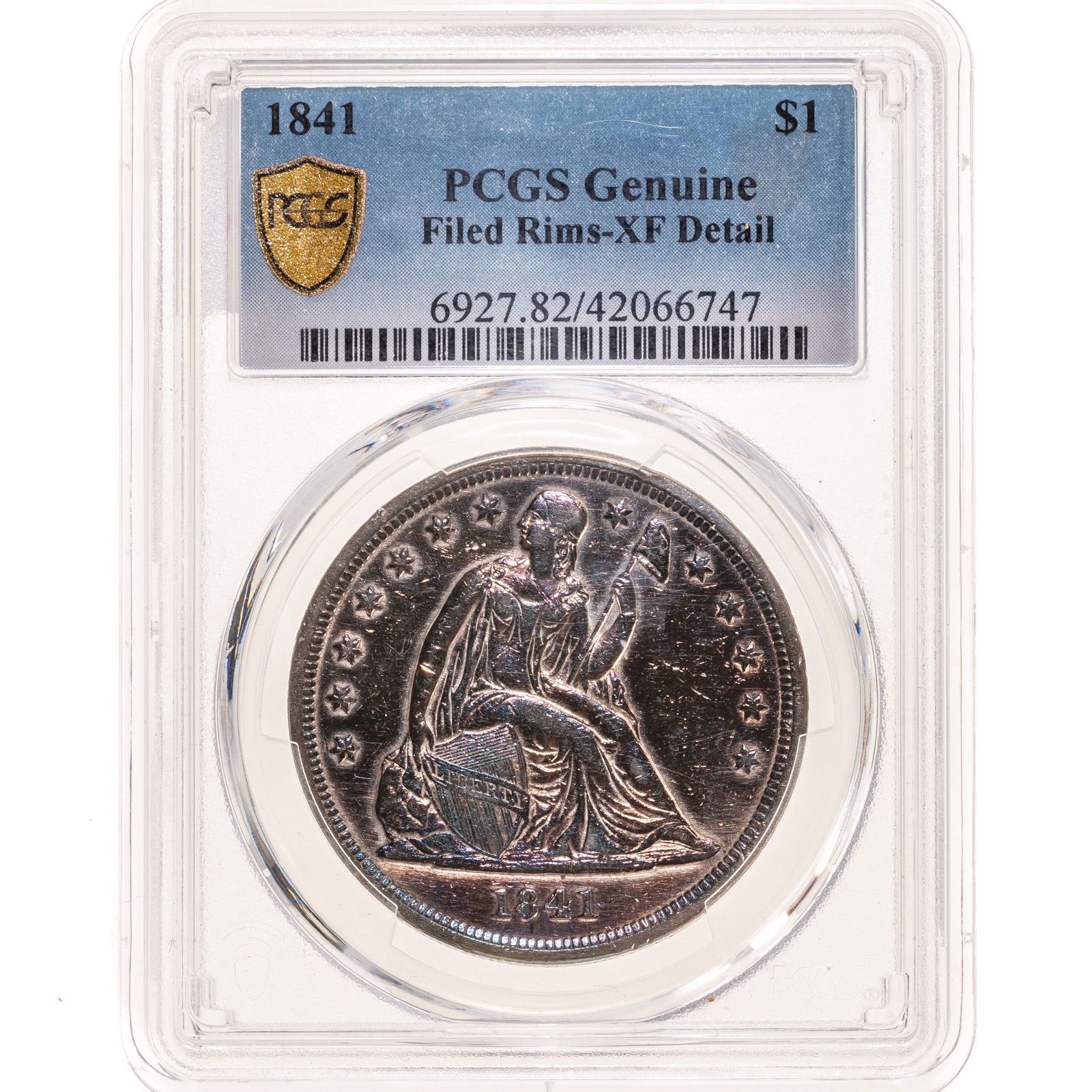 Appraisal: SEATED DOLLAR PCGS GEN XF DETAIL FILED RIMS Label says