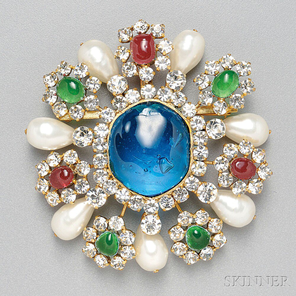 Appraisal: Elaborate Chanel Paste and Pearl Costume Pendant Brooch with blue