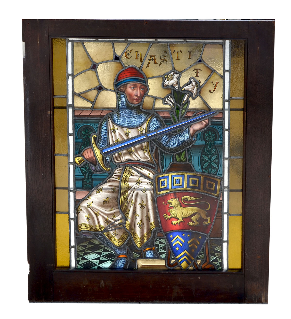 Appraisal: JOAN OF ARC ''CHASTITY'' LEADED GLASS CHURCH WINDOW Old leaded