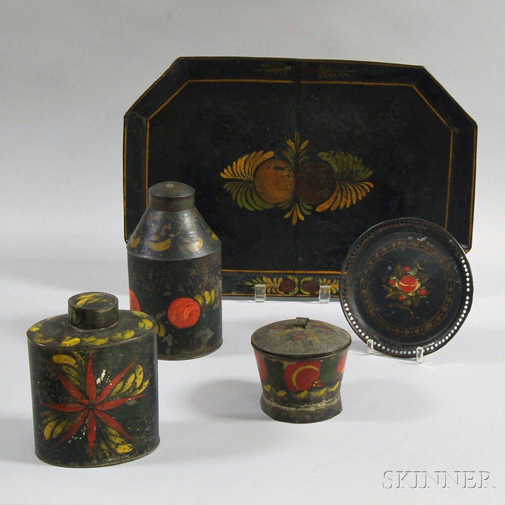 Appraisal: Five Tole Items th century two tea canisters a covered