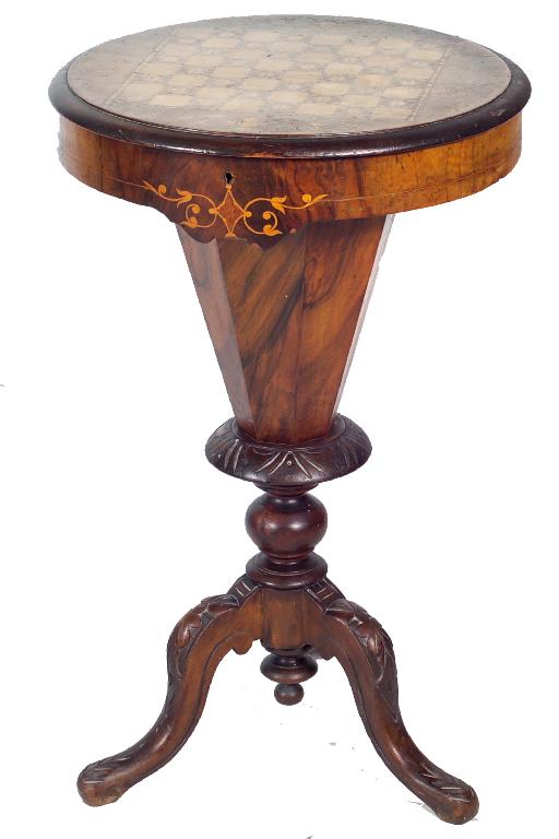 Appraisal: VICTORIAN INLAID WALNUT WORK TABLE the circular top with marquetry