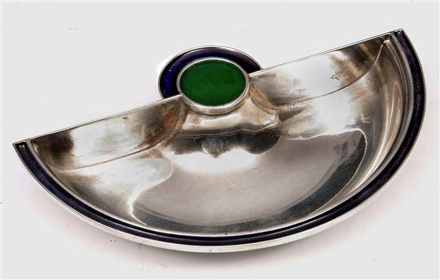 Appraisal: AN ART DECO STYLE SILVER DISH semi-circular with navy blue