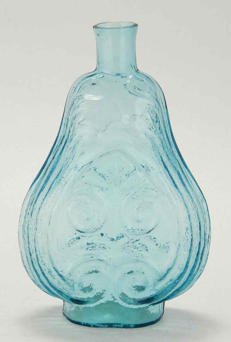 Appraisal: BLOWN MOLDED AQUA GLASS FLASK th CenturyIn lyre form Height