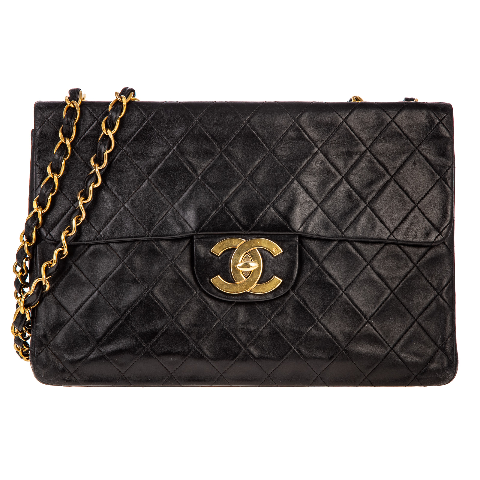 Appraisal: A JUMBO CHANEL FLAP BAG A black Lambskin leather Chanel