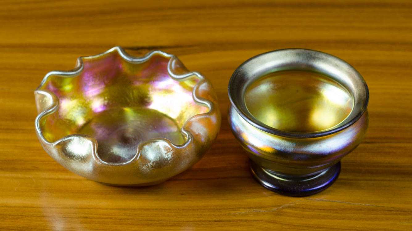 Appraisal: TWO LOUIS COMFORT TIFFANY ART GLASS SALT BOWLS both gold