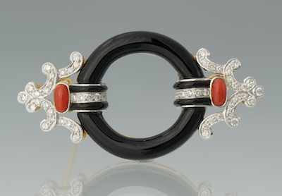 Appraisal: An Art Deco Style Onyx Diamond and Coral Brooch The