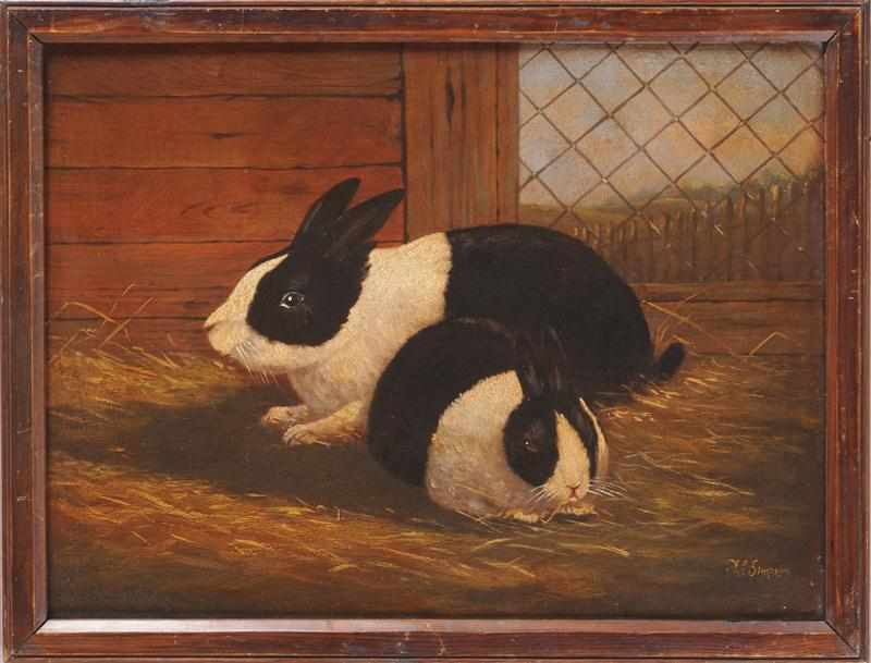 Appraisal: A J SIMPSON RABBITS A PAIR Oil on board signed