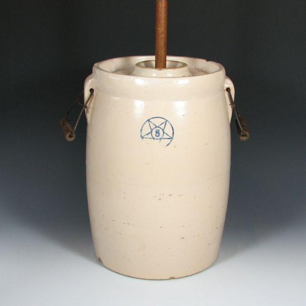 Appraisal: Five gallon stoneware butter churn with matching lid and wood