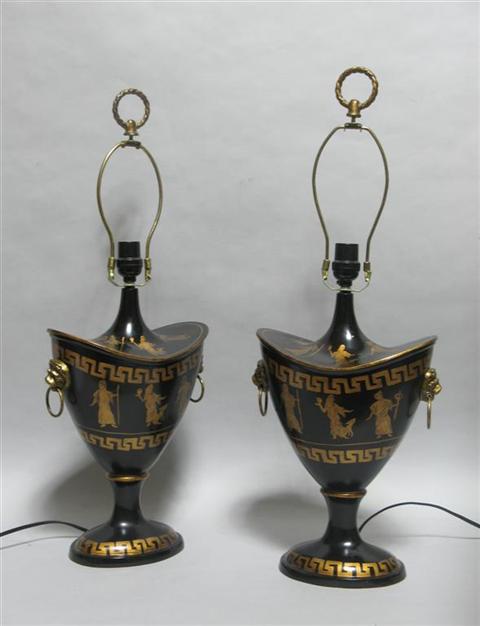 Appraisal: PAIR OF BLACK AND GILT REGENCY STYLE LAMPS Of urn