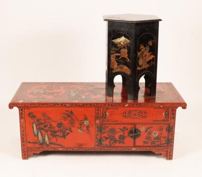 Appraisal: An Indonesian red lacquer chest with incised reserves of flowers