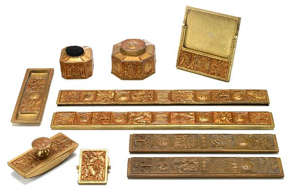 Appraisal: A Tiffany Studios gilt-bronze eight-piece Bookmark desk set - intaglio