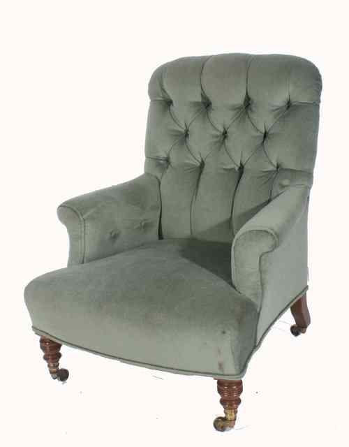 Appraisal: AN ANTIQUE GREEN DRAYLON BUTTON UPHOLSTERED ARMCHAIR by Howard Sons