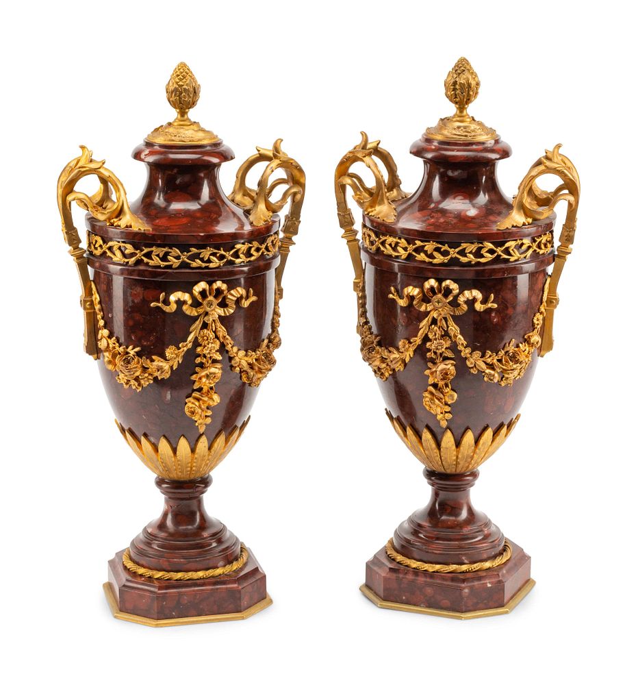 Appraisal: A Pair of Gilt Bronze Mounted Rouge Griotte Marble Urns