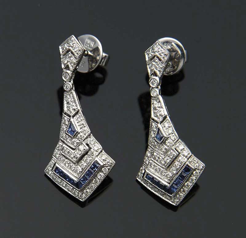 Appraisal: PAIR OF GOLD SAPPHIRE AND DIAMOND EARRINGS Art deco style