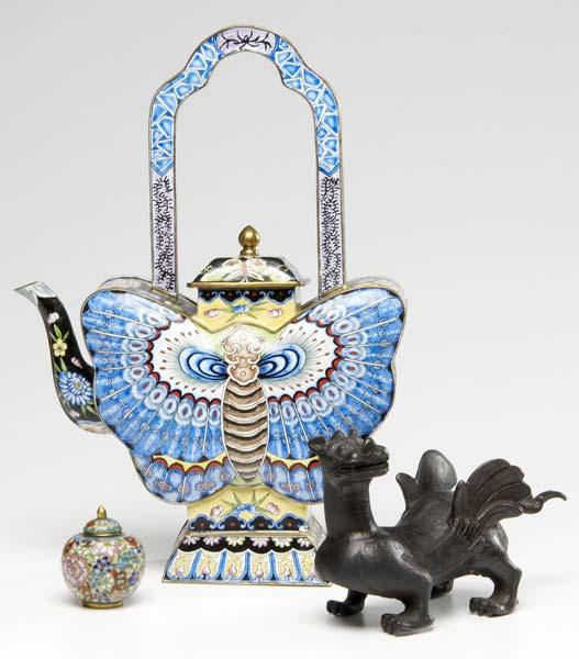 Appraisal: CHINESE BRONZE AND CLOISONNE Three items enameled teapot with butterfly