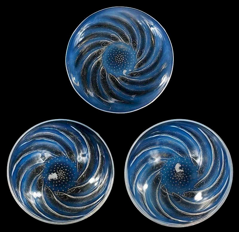 Appraisal: R Lalique Poissons Opalescent Plate Two Bowls model introduced in