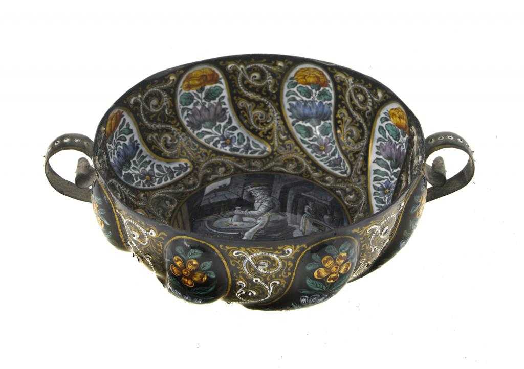 Appraisal: A LIMOGES ENAMEL PORRINGER painted in th c style with