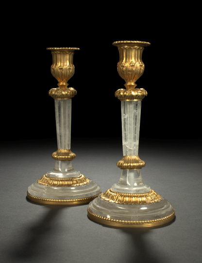 Appraisal: Pair of Continental Gilt-Brass-Mounted Rock Crystal Candlesticks in the Louis