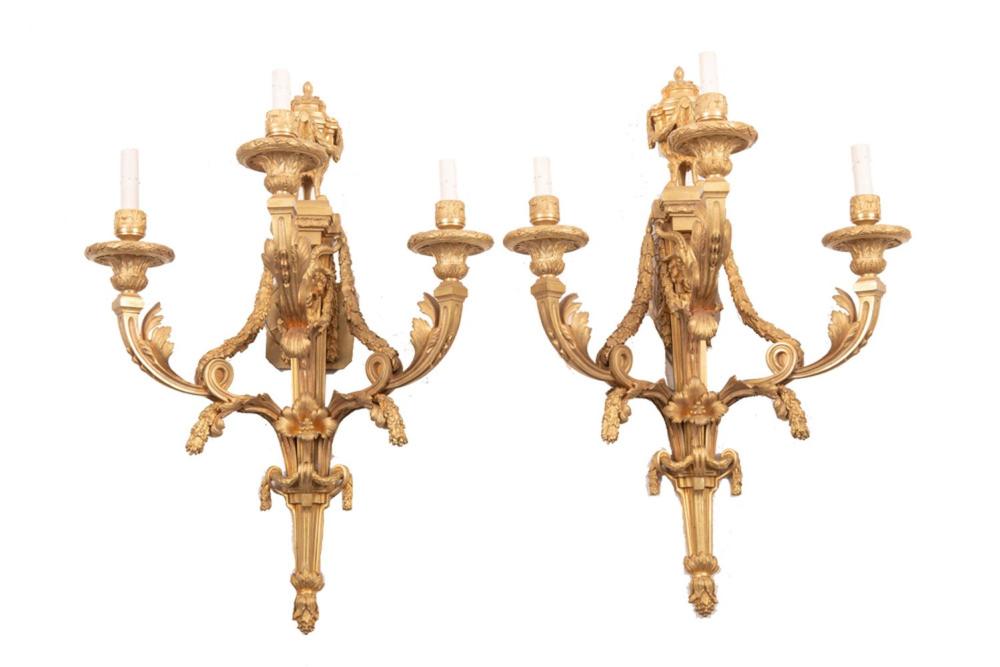 Appraisal: PAIR OF FRENCH GILT-BRONZE WALL SCONCES inches wide inches high