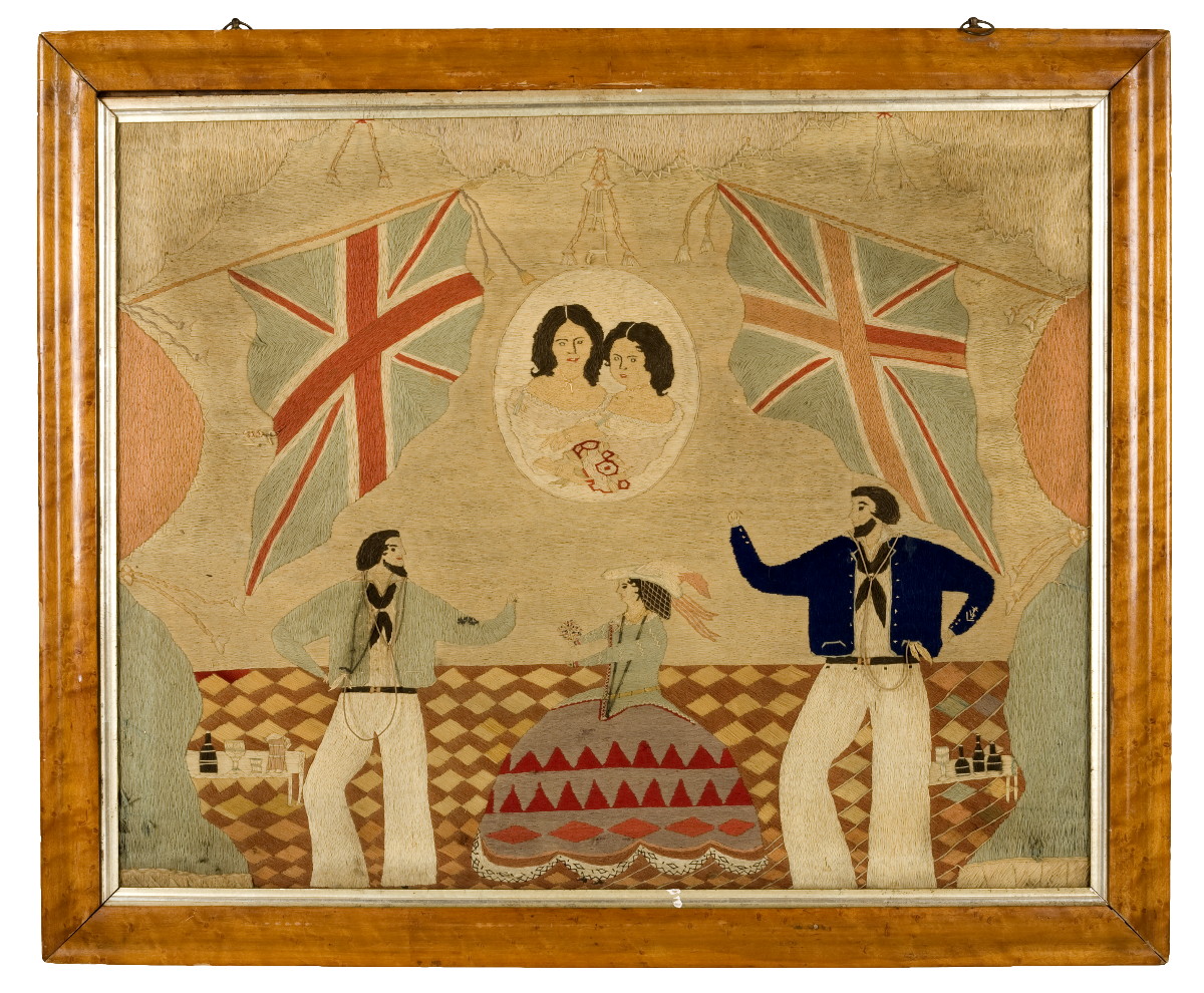 Appraisal: RARE BRITISH WOOLWORK OF SAILORS SALUTING THEIR SWEETHEARTS CIRCA Worked