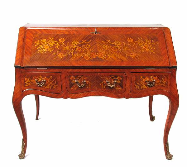 Appraisal: A Louis XV style slant front marquetry partners' desk height