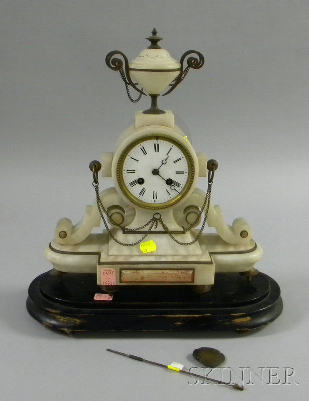 Appraisal: French Alabaster Mantel Clock with enamel Roman numeral dial classical