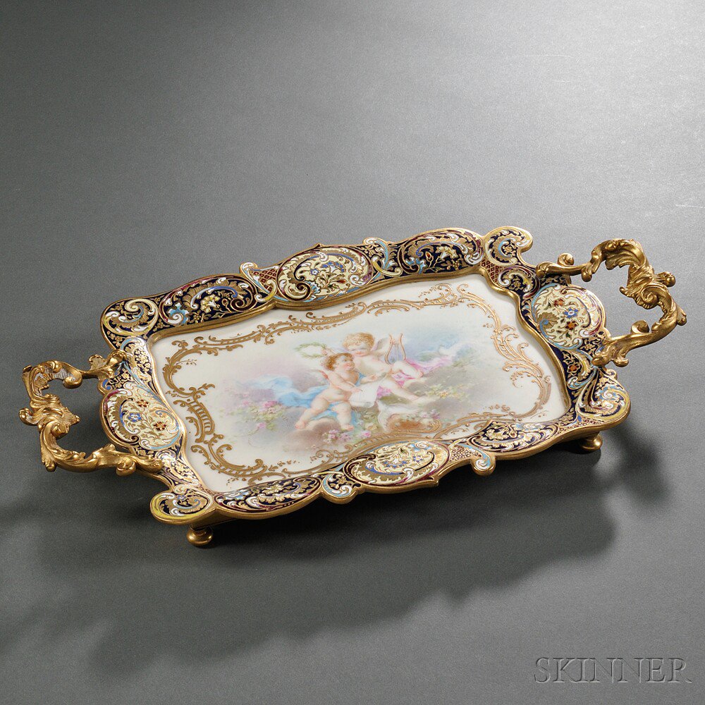 Appraisal: Porcelain and Champleve Tray France th century rectangular with rococo