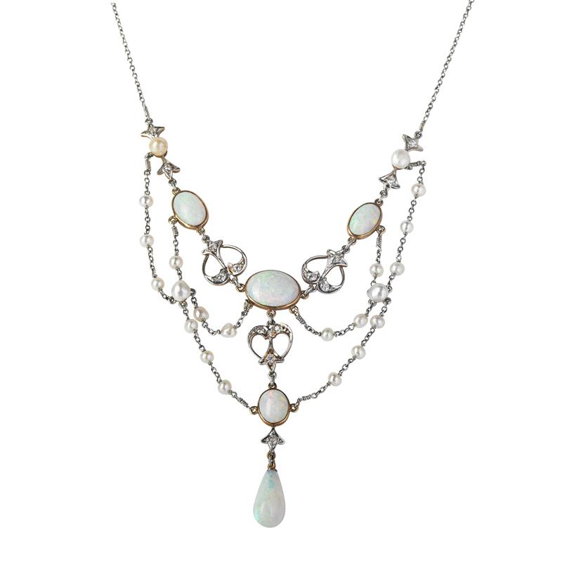 Appraisal: OPAL DIAMOND AND SEED PEARL FESTOON NECKLACE Oval cabochon opals