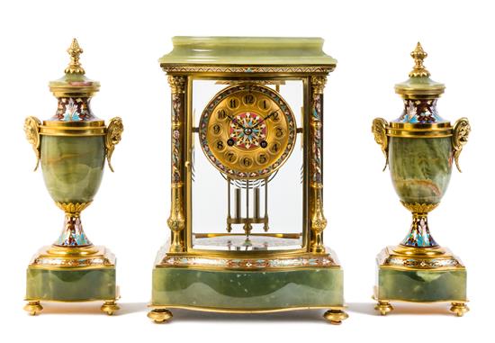 Appraisal: Sale Lot A French Onyx and Champleve Clock Garniture late