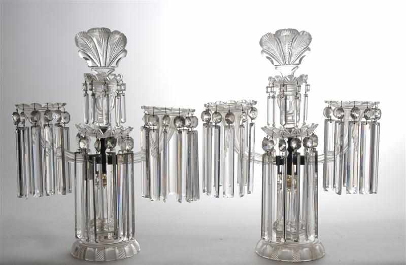 Appraisal: PAIR OF VICTORIAN CUT-GLASS GIRANDOLES Each prism-hung stem with central