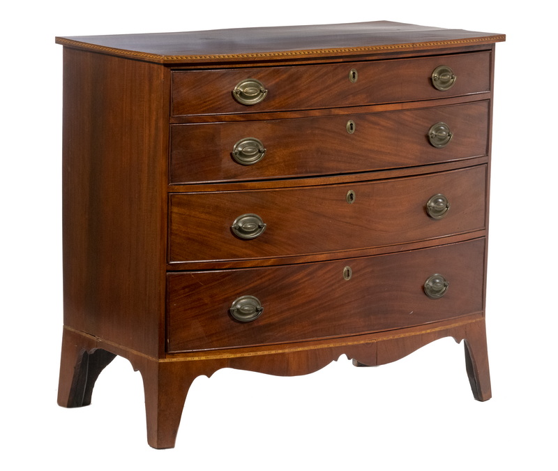 Appraisal: AMERICAN BOW FRONT FOUR-DRAWER CHEST Hepplewhite mahogany overhanging top with