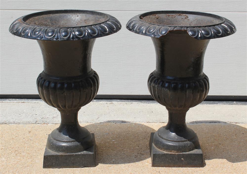 Appraisal: PAIR OF BLACK PAINTED CAST IRON GARDEN URNS having and