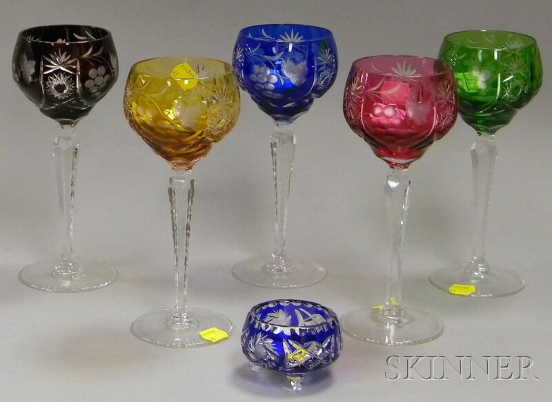 Appraisal: Set of Five Colored-cut-to-Clear Glass Wine Stems and a Cobalt-cut-to-Clear