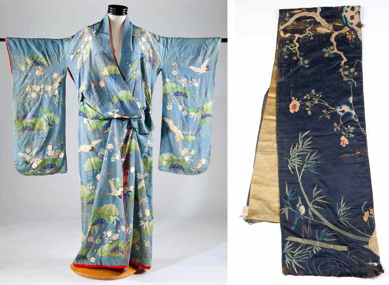 Appraisal: Silk Kimonoblue silk field with floral and avian design elements