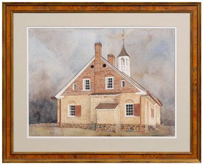 Appraisal: Salem North Carolina watercolor First Moravian Church officially established in