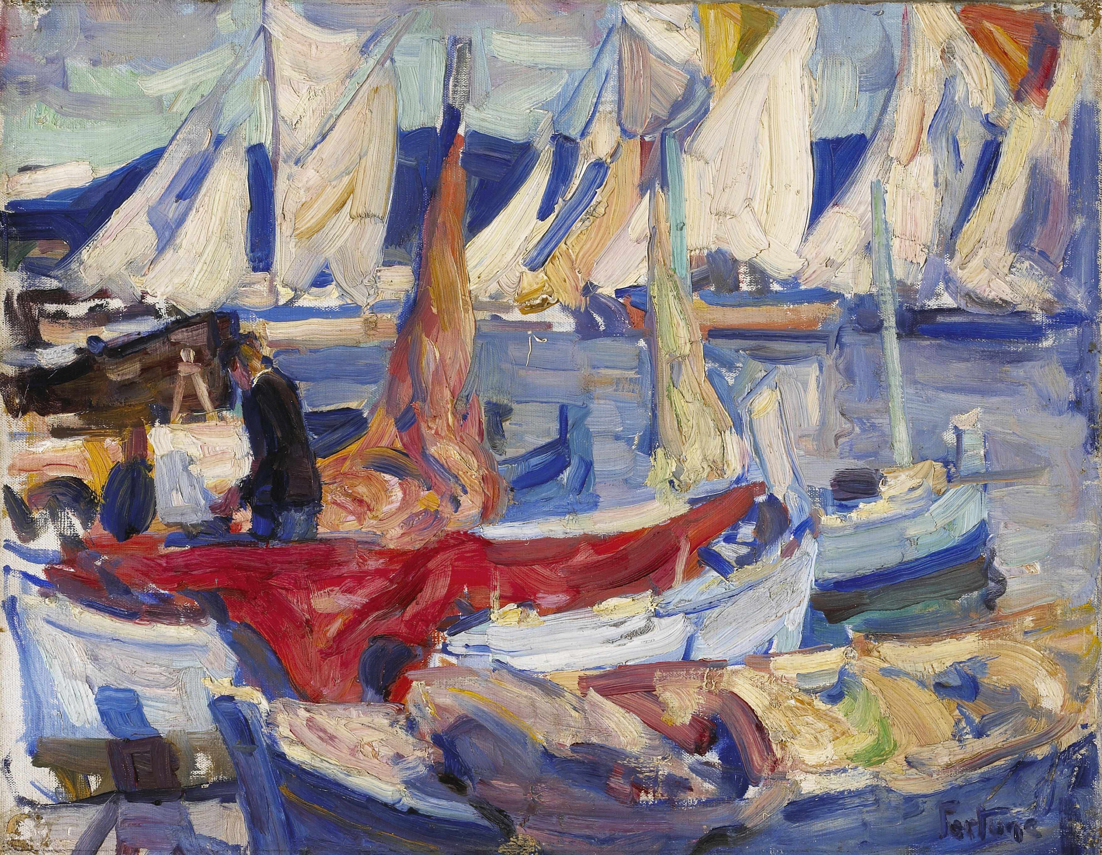 Appraisal: E Charlton Fortune - Drying sails I signed 'Fortune' lower