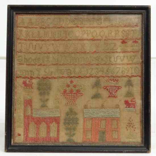 Appraisal: th c sampler with alphabet potted flower buildings etc Sight