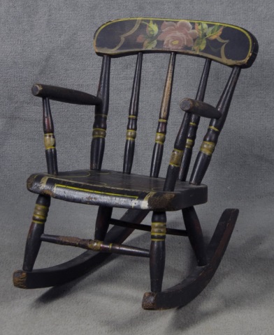 Appraisal: Paint-Decorated Child's ChairMid th century With floral-painted backsplat Turned stretcher