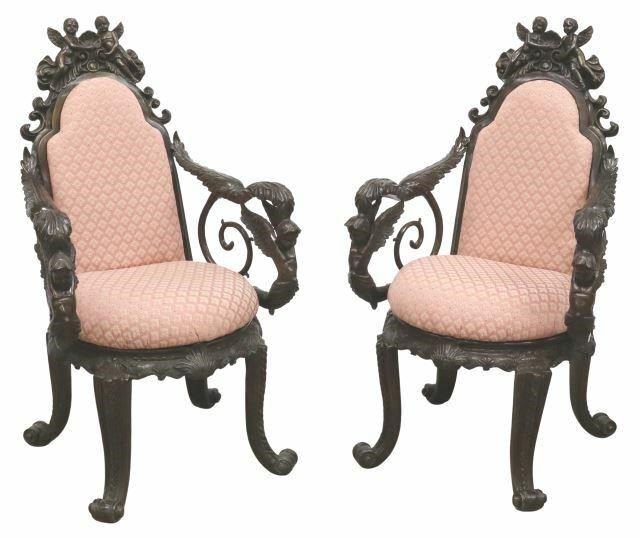 Appraisal: pair Patinated bronze fantasy armchairs late th c crest with