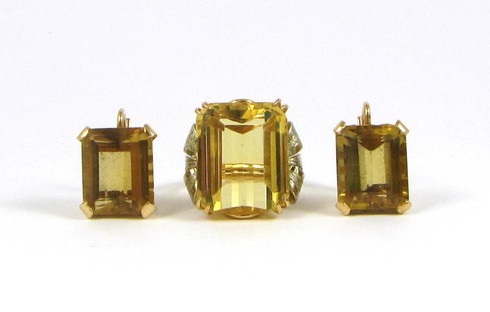 Appraisal: CITRINE AND EIGHTEEN KARAT GOLD RING AND EARRINGS including an