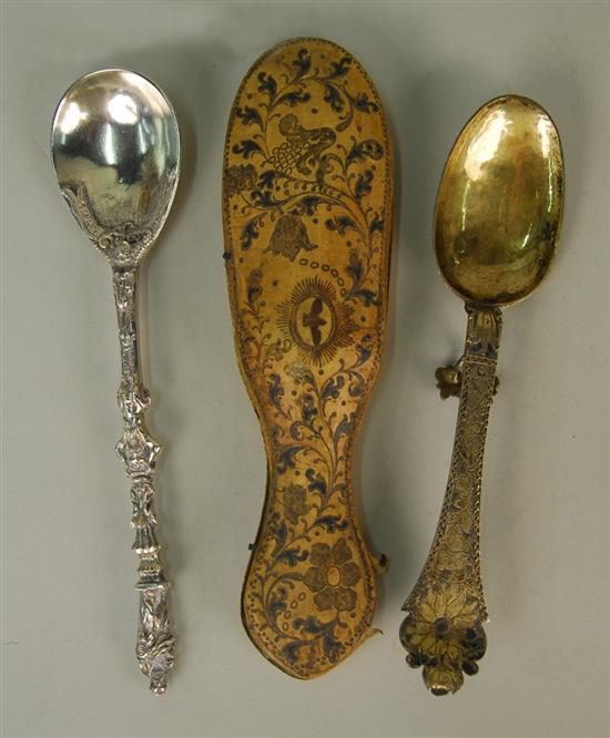 Appraisal: TWO CONTINENTAL SILVER SPOONS one silver gilt in a tooled