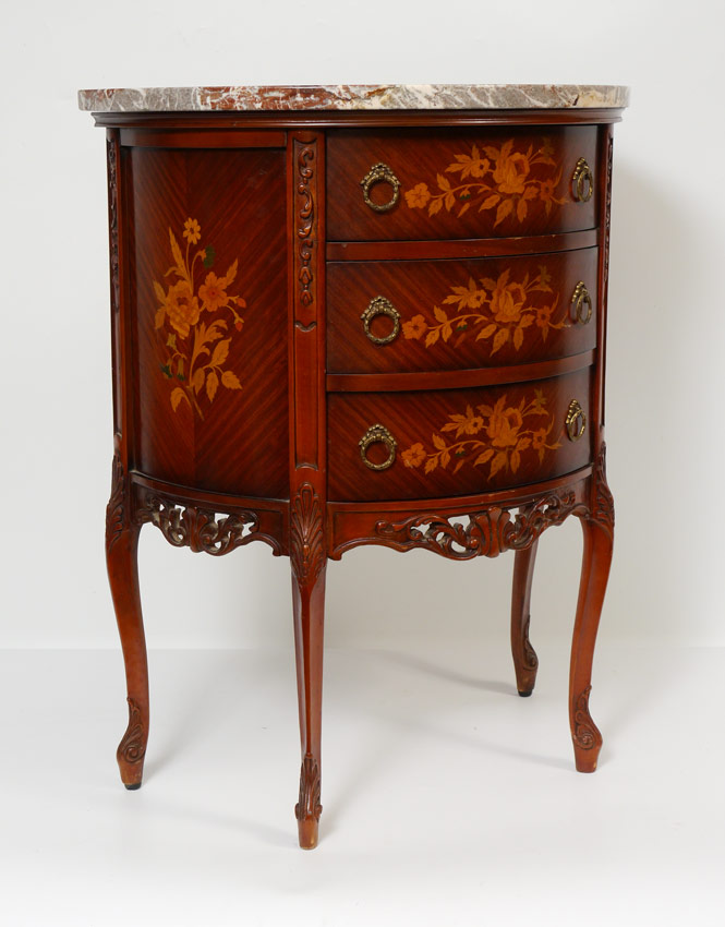 Appraisal: FRENCH STYLE MARQUETRY INLAY MARBLE TOP COMMODE A petite three