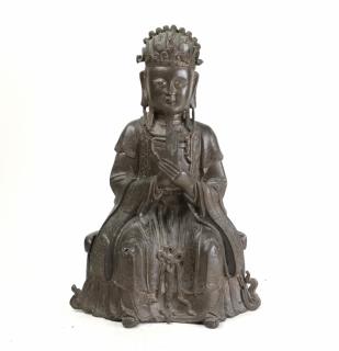 Appraisal: Early Asian Bronze Seated Figure Early Chinese bronze statue of