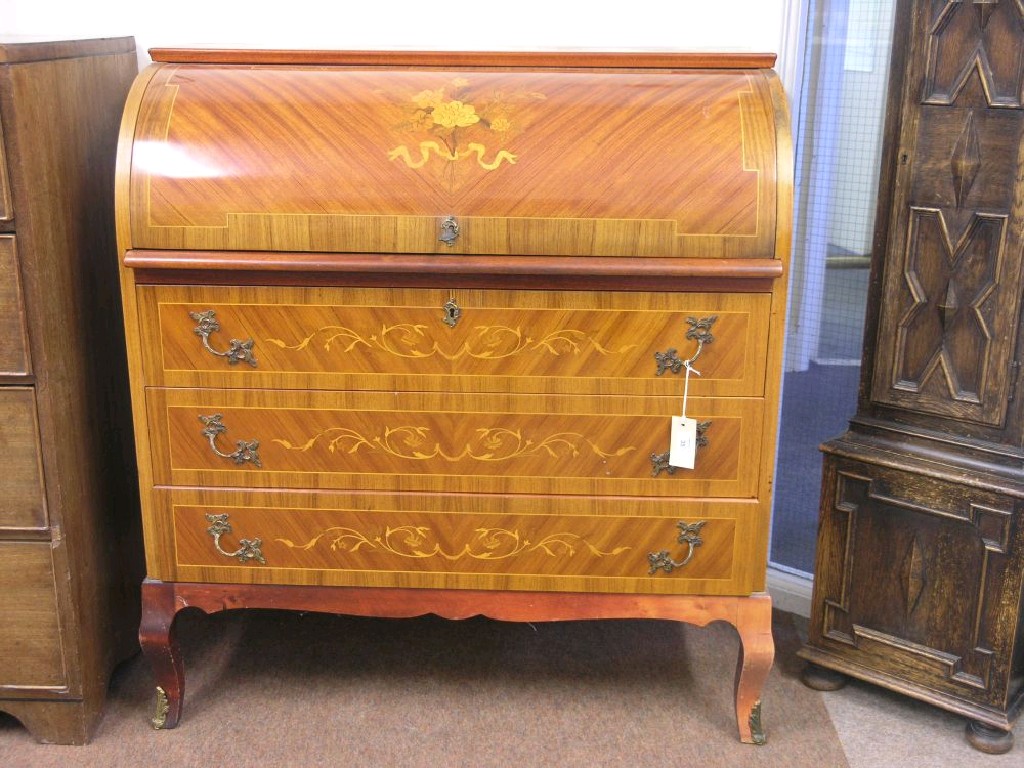 Appraisal: A Louis XV -style walnut and marquetry cylinder desk fall