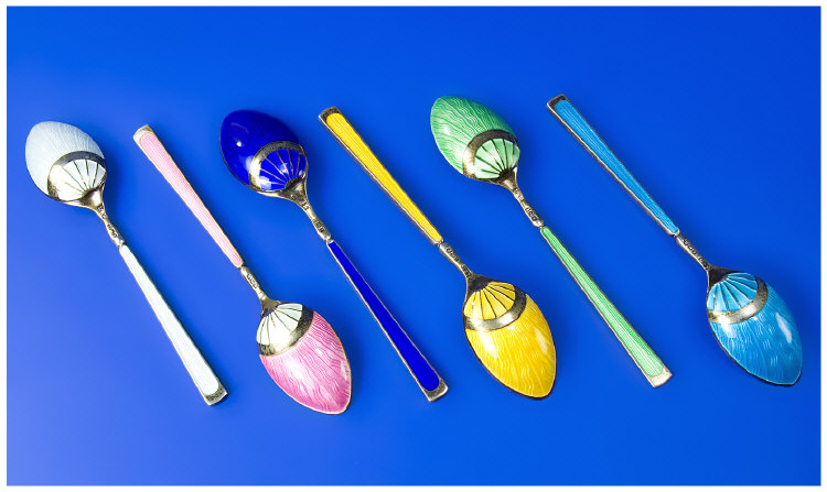 Appraisal: Set Of Six Enamelled Silver Gilt Coffee Spoons Enamelled In