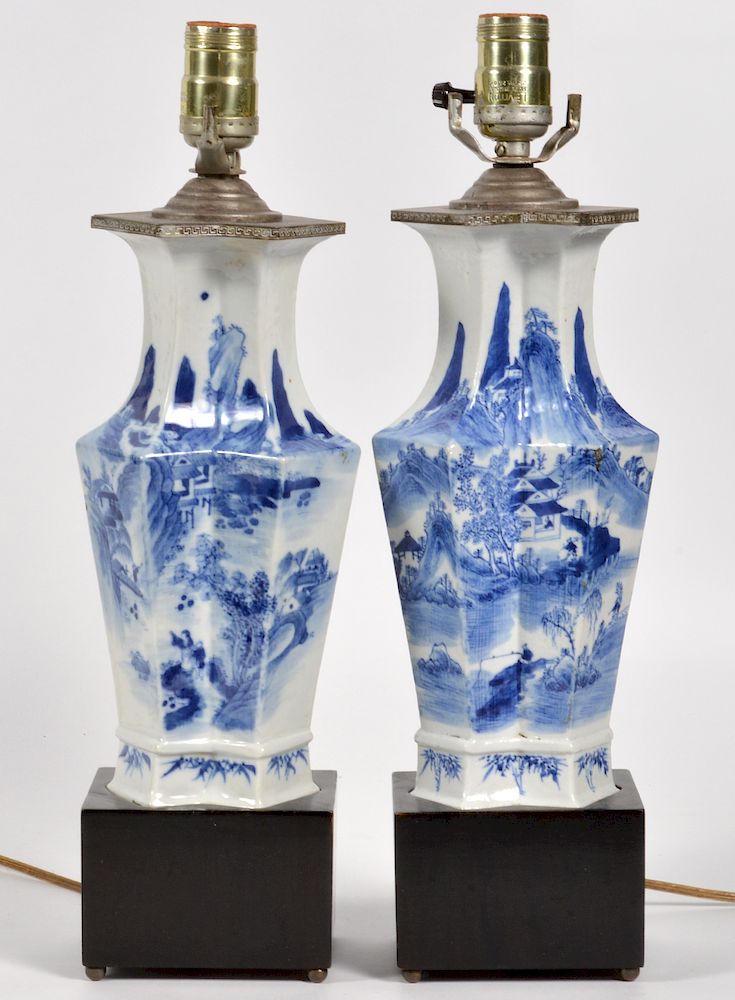 Appraisal: Pair of Chinese Blue White Export Lamps Unusual formed Chinese