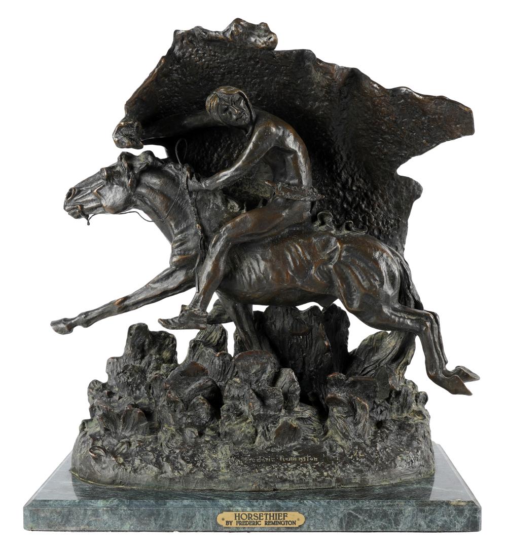 Appraisal: AFTER FREDERIC REMINGTON HORSE THIEF bronze mounted on marble base