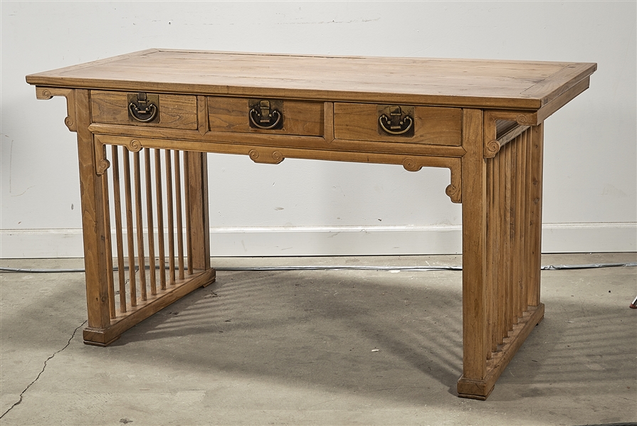 Appraisal: Chinese wood desk with three drawers dowel side design x