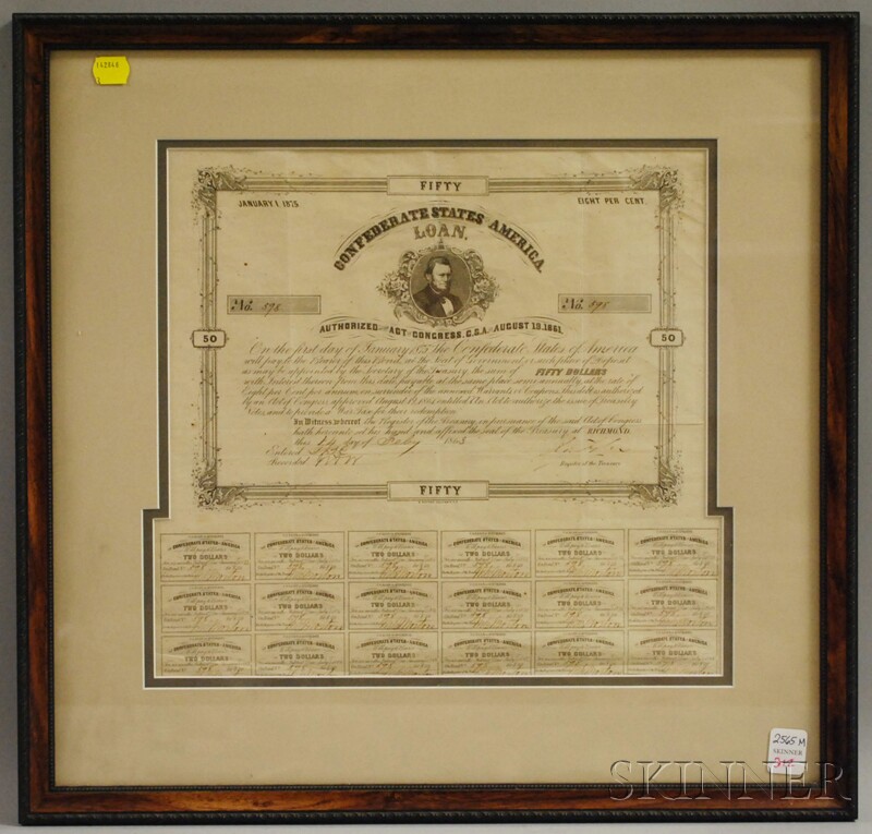 Appraisal: Framed Confederate States of America Fifty Dollar Loan Bond