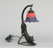 Appraisal: A Wrought Iron Cat Lamp With A Glass Shade An